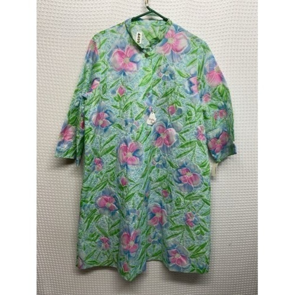NWT Stella Fagin Green Floral Power House Coat/Duster Robe Women M USA Retro